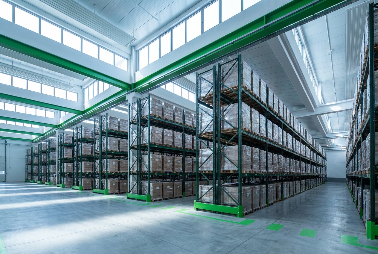Warehouse racking staged for enterprise asset deployment